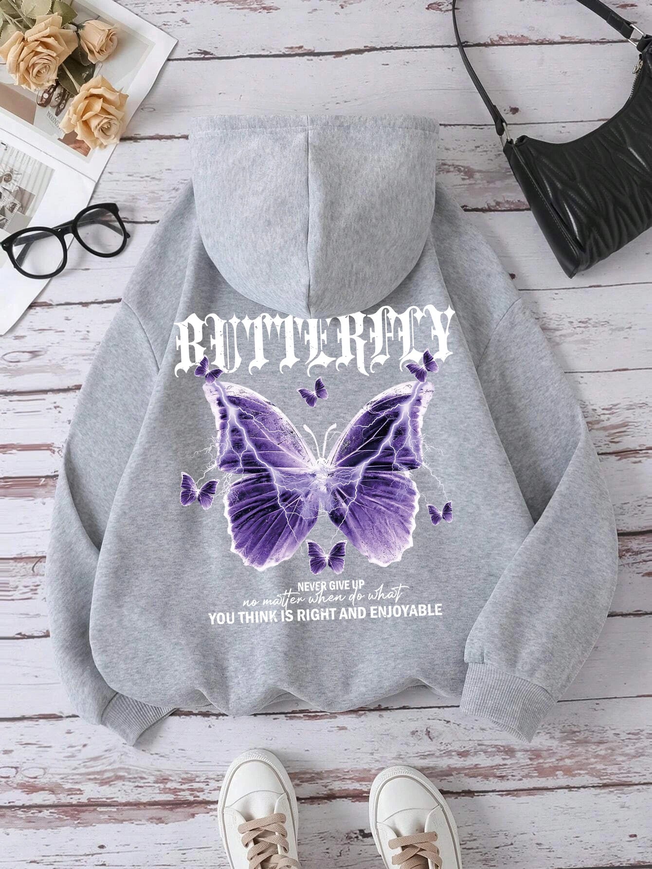 Beautiful streetwear women Purple Butterfly Printing Hoodie