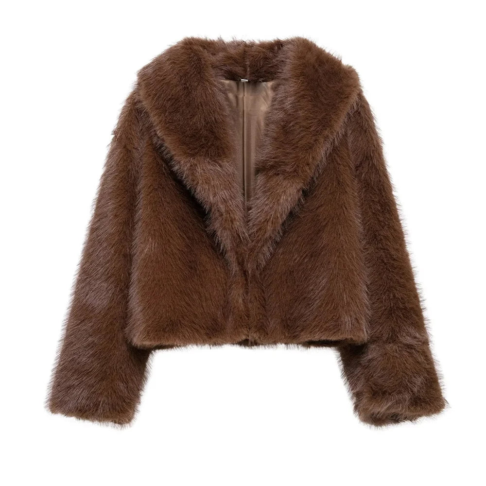 UNIZERA solid color loose long sleeved fur short coat autumn and winter