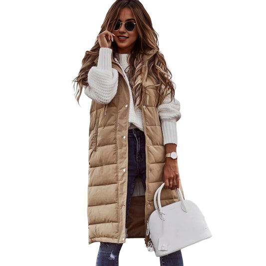 Women's Long Hooded Sleeveless Cotton Down Vest - Quilted Winter Waistcoat