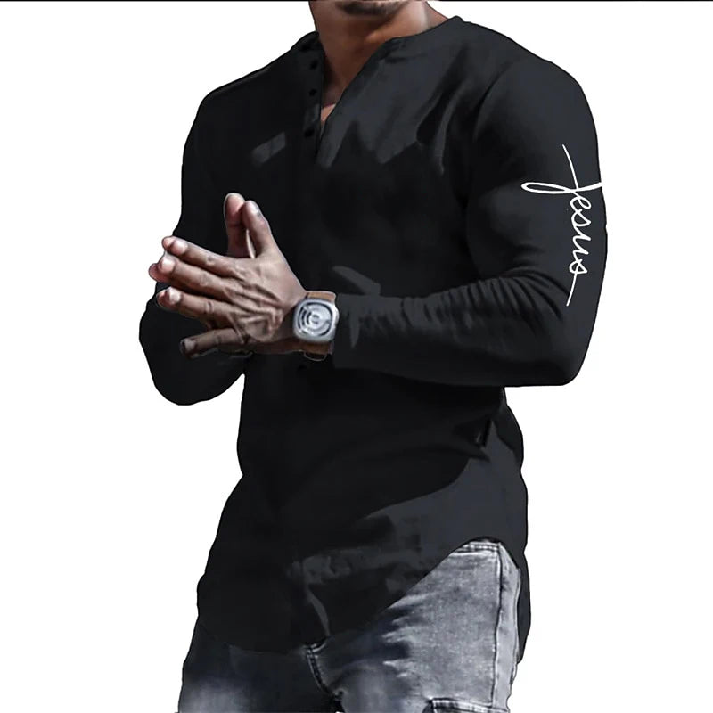Men's Vintage Henley Shirt - Jesus Christ Cross 3D Print Streetwear