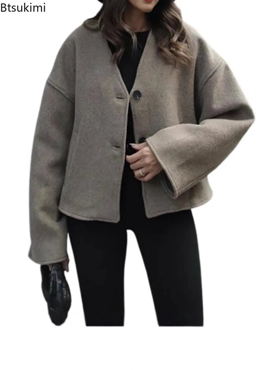 Women's Woolen V-Neck Coat - Button-Up Autumn Streetwear Jacket