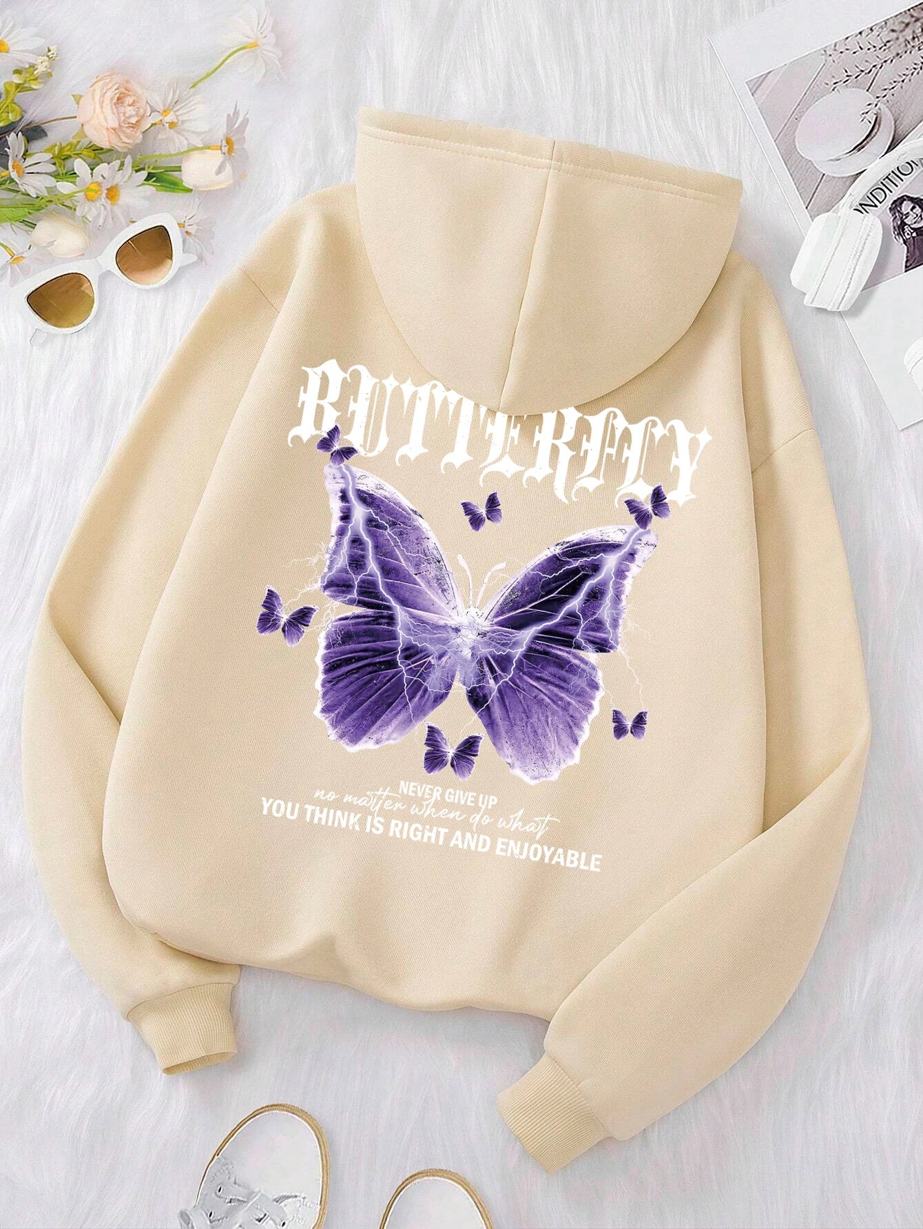 Beautiful streetwear women Purple Butterfly Printing Hoodie