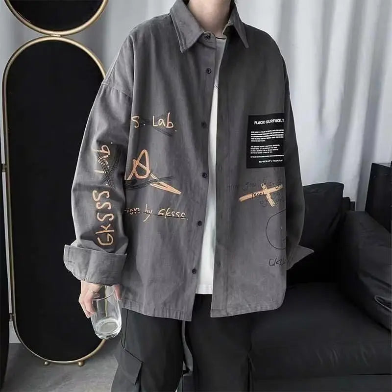 Men's Korean Style Graffiti Long Sleeve Shirt - Streetwear Fashion