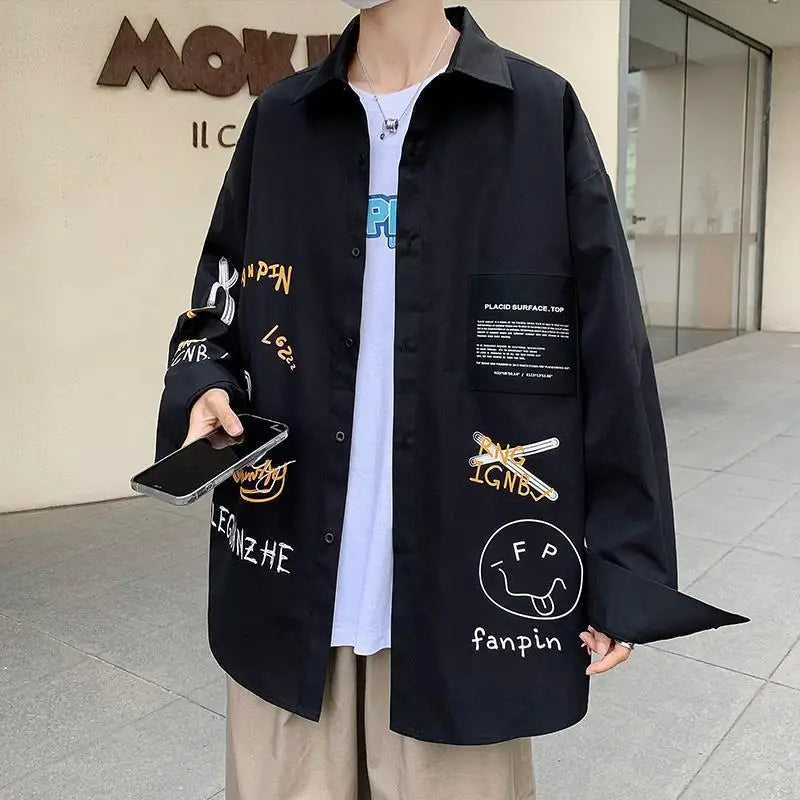 Men's Korean Style Graffiti Long Sleeve Shirt - Streetwear Fashion