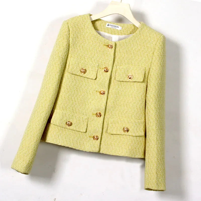 Women's Korean Style Single-Breasted Tweed Coat - 2024 Chic Retro Jacket