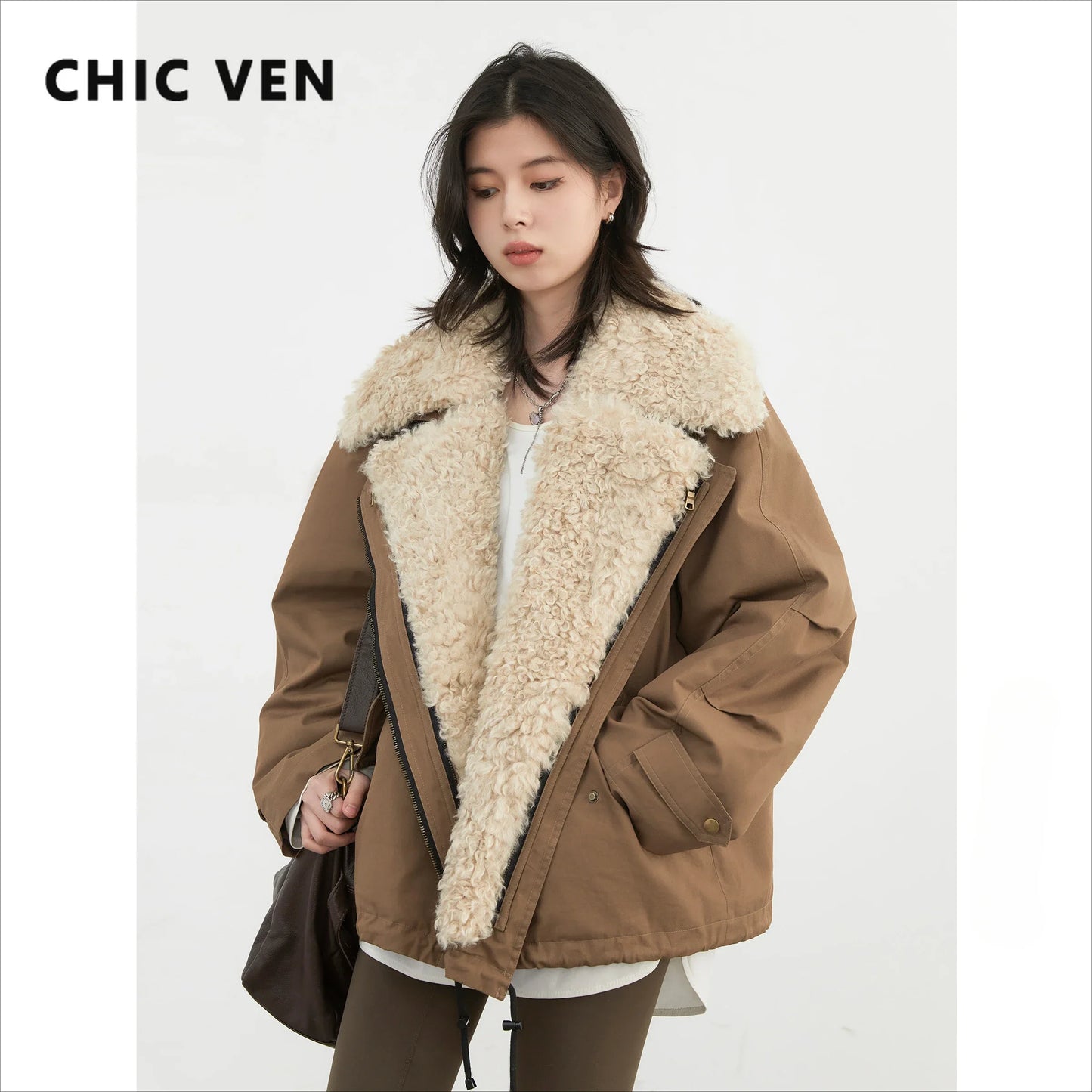 CHIC VEN Women's Retro Motorcycle Cotton Jacket - Thick Warm Overcoat