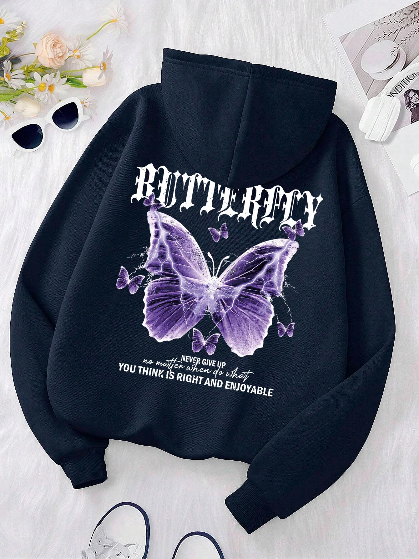 Beautiful streetwear women Purple Butterfly Printing Hoodie