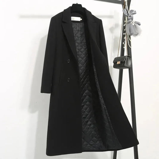 Women's Classic Black Woolen Coat - Korean Style Mid-Length Winter Jacket