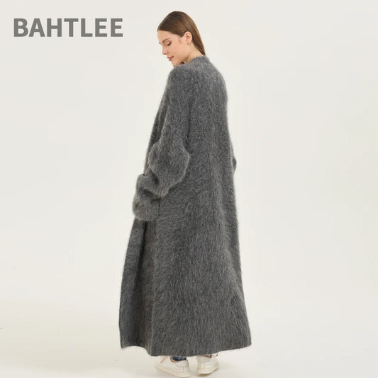 BAHTLEE Women's Super Long Alpaca Wool Cardigan - V-Neck Knitted Winter Jacket