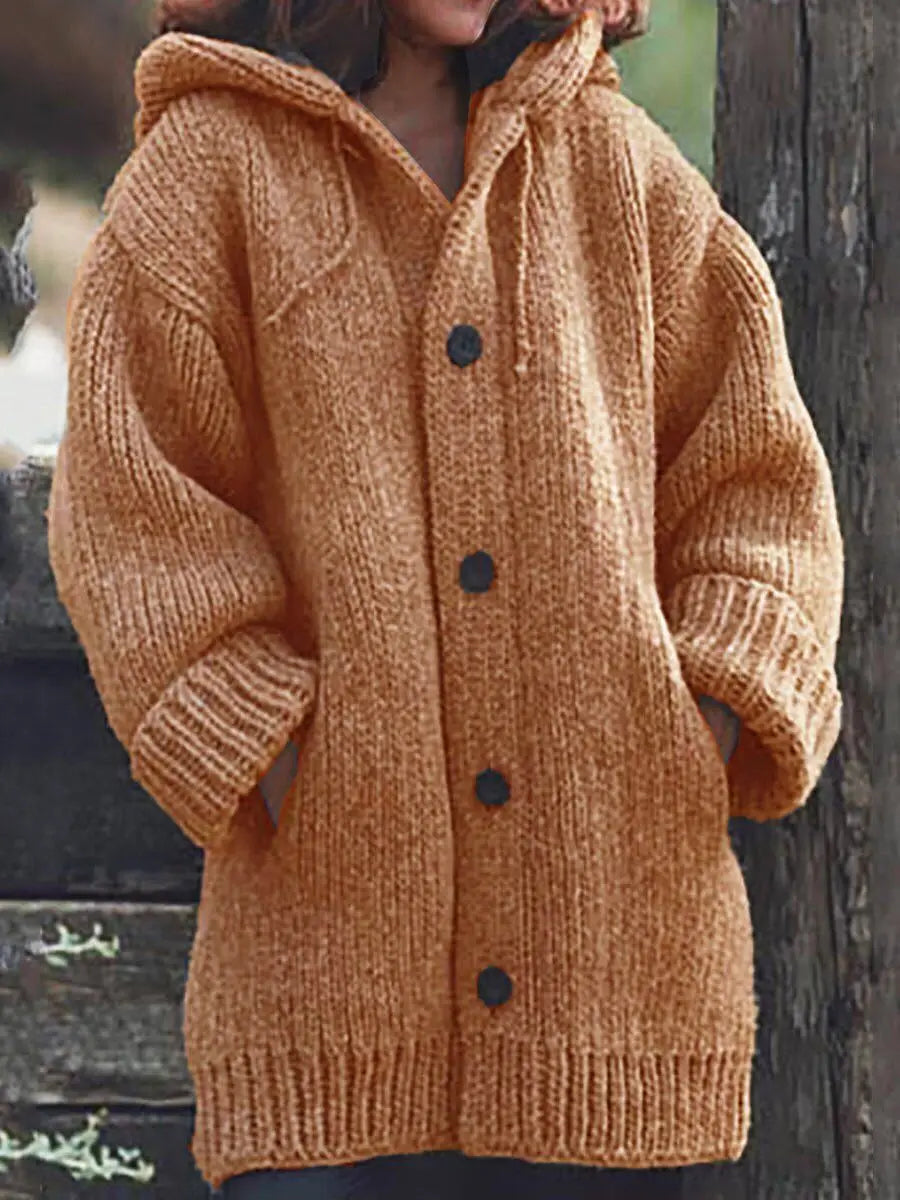 Women's Hooded Cardigan - Loose Mid-Length Sweater with Pockets