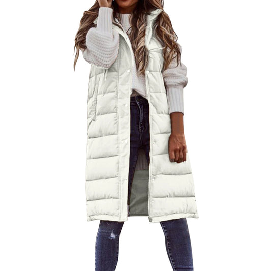 Women's Long Hooded Sleeveless Cotton Down Vest - Quilted Winter Waistcoat