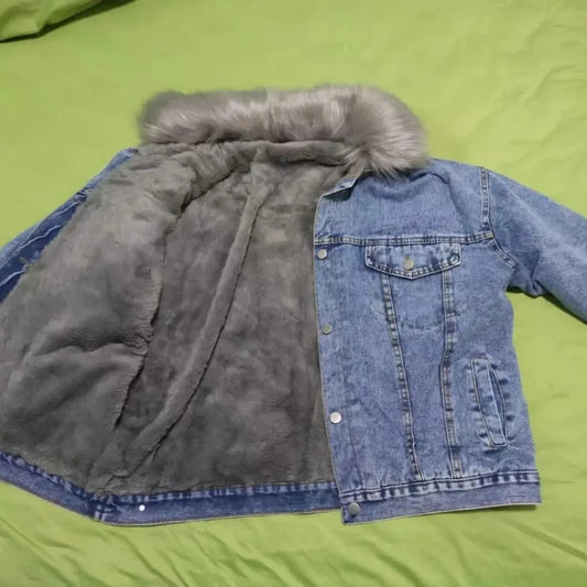 Women's Winter Denim Jacket with Fur Collar - Fleece Lined Overcoat