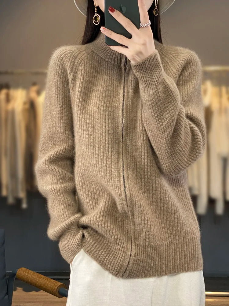 100% Merino Wool Knitting Sweater Turtleneck Zipper Cardigan Autumn/Winter cashmere jacket