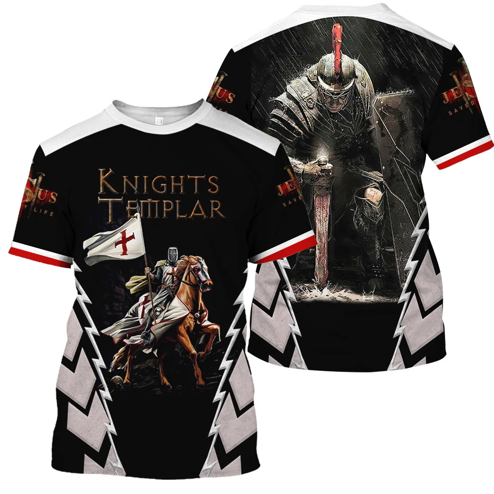 Men 3D Knight Printed vintage Short Sleeve Oversized Tee Shirt