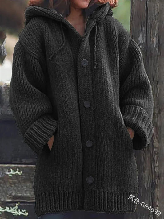 Women's Hooded Cardigan - Loose Mid-Length Sweater with Pockets