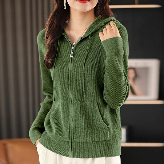 Women Autumn Winter Wool Blend Sweater Hooded Collar Cardigan