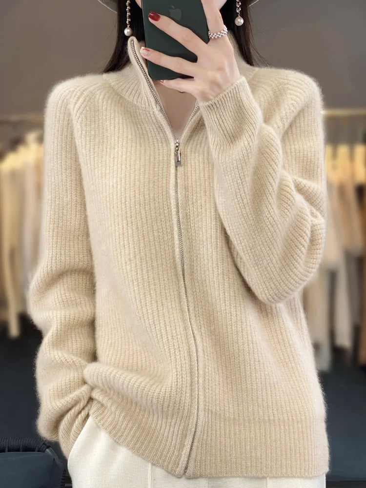 100% Merino Wool Knitting Sweater Turtleneck Zipper Cardigan Autumn/Winter cashmere jacket