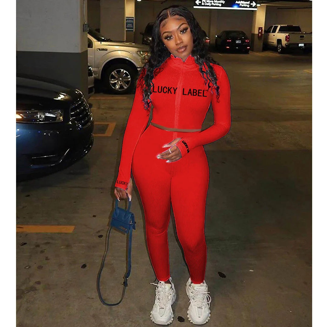 Women's High-Necked Embroidered Lettered Zipper Sport Suit 2-Piece