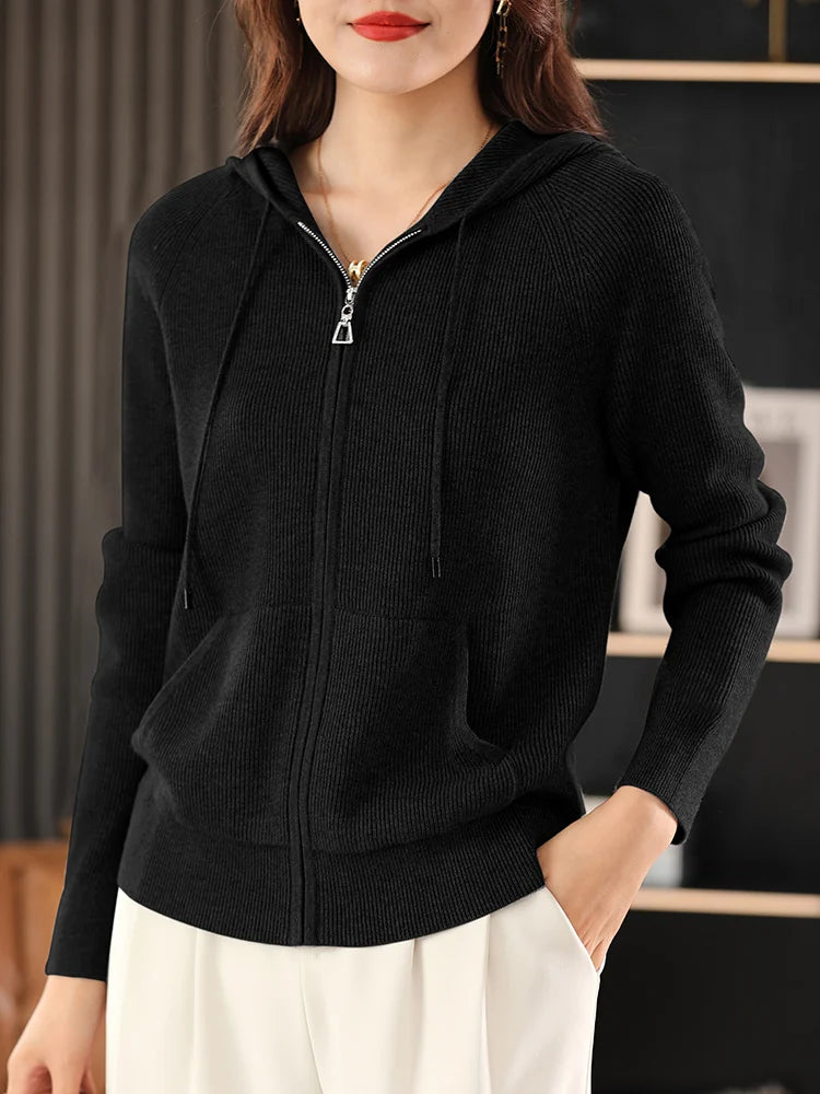 Women Autumn Winter Wool Blend Sweater Hooded Collar Cardigan