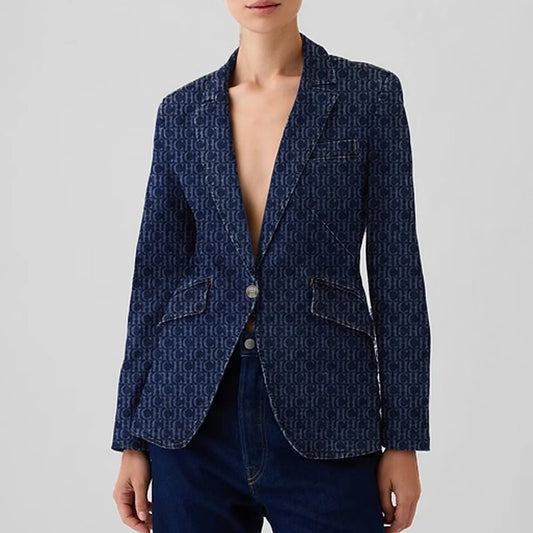 Women's Vintage Denim Blazer - Single Breasted Tailored Collar Jacket