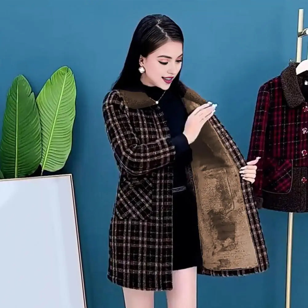 Women's Checkered Plaid Winter Coat - Mid-Length Overcoat