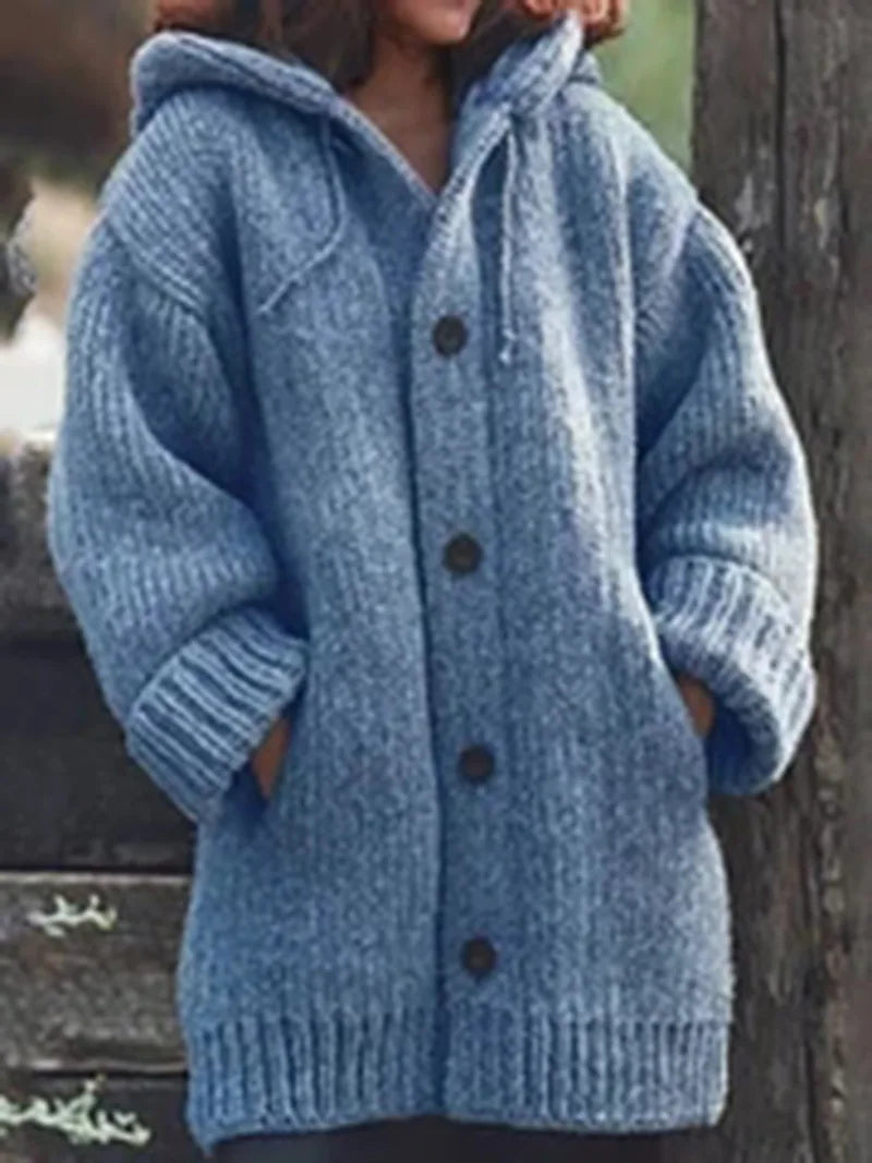 Women's Hooded Cardigan - Loose Mid-Length Sweater with Pockets