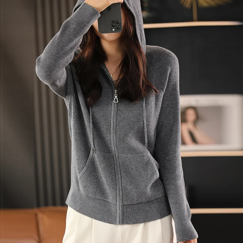 Women Autumn Winter Wool Blend Sweater Hooded Collar Cardigan