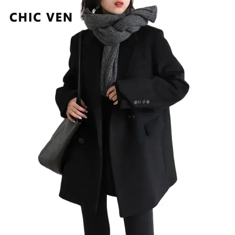 CHIC VEN Women's Wool Blend Mid-Length Blazer - Office Overcoat