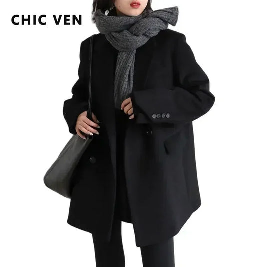CHIC VEN Women's Wool Blend Mid-Length Blazer - Office Overcoat