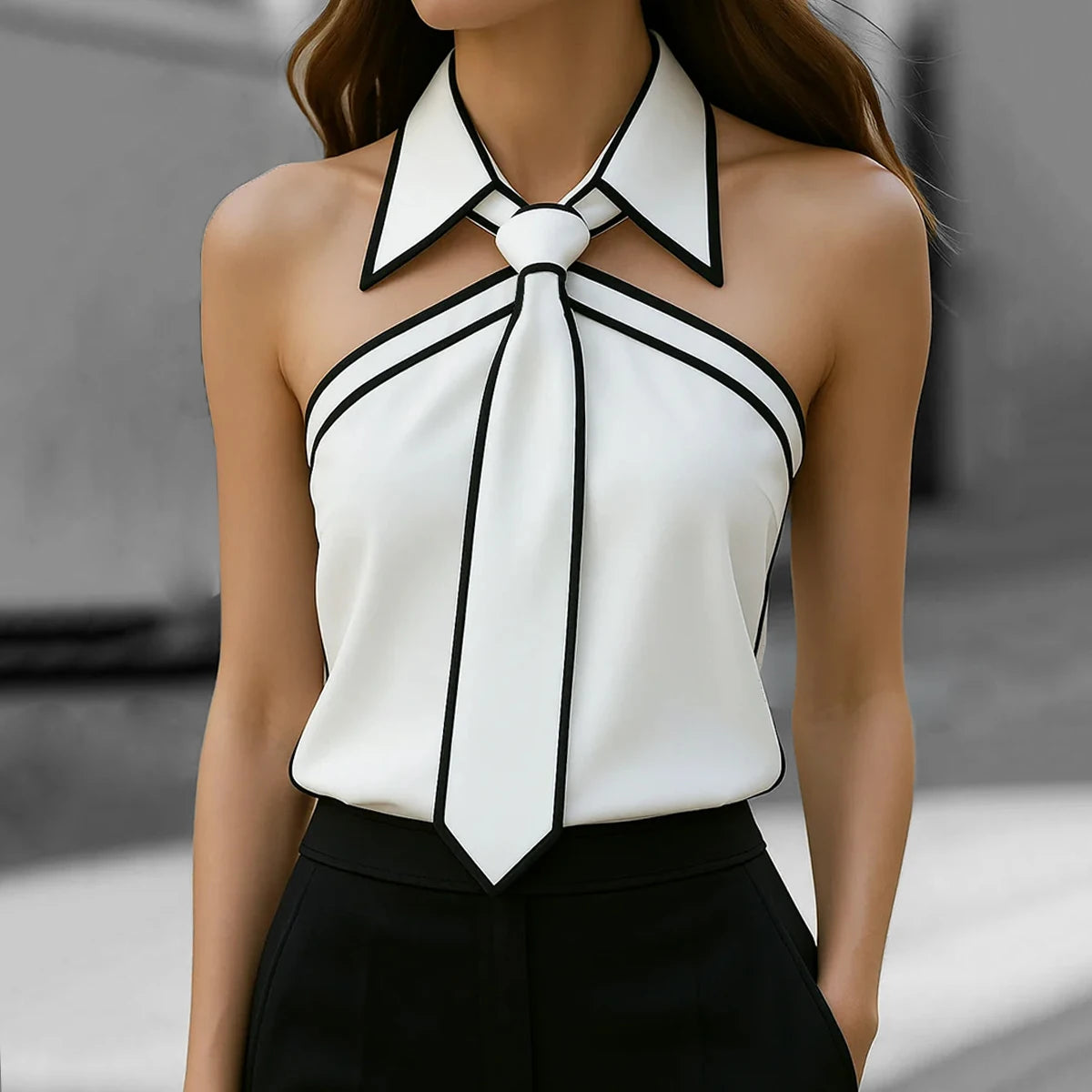 Women Shirt Tie Neck Strap Necktie Lapel Design Loose Long Sleeve Blouse