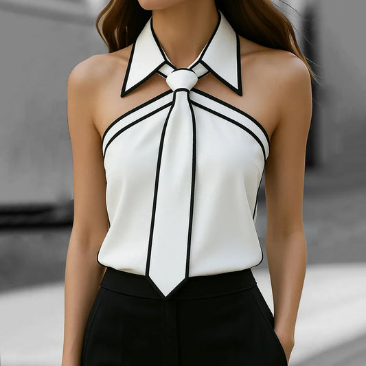Women Shirt Tie Neck Strap Necktie Lapel Design Loose Long Sleeve Blouse