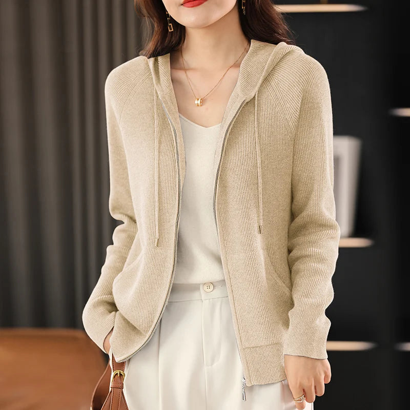 Women Autumn Winter Wool Blend Sweater Hooded Collar Cardigan