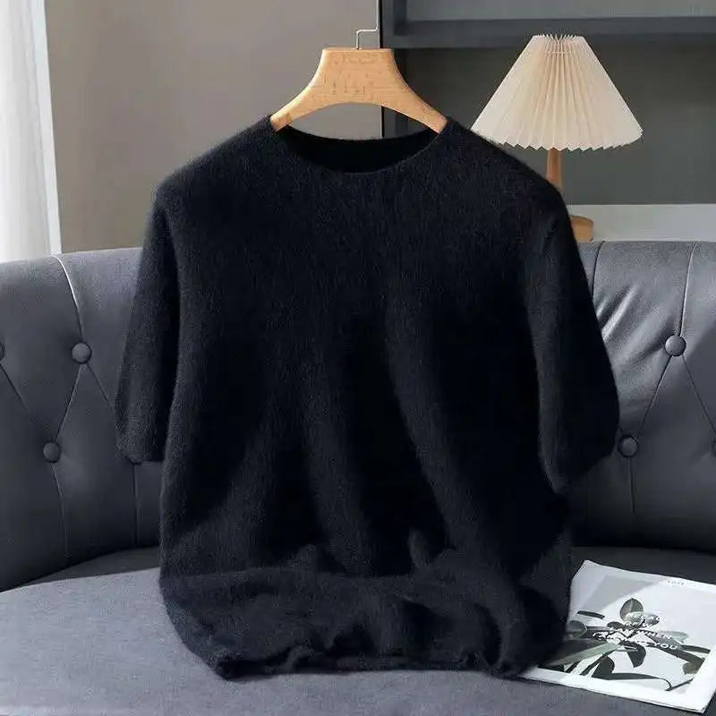 100% Mink Cashmere Knit Sweater Men's Pullover Short Sleeve
