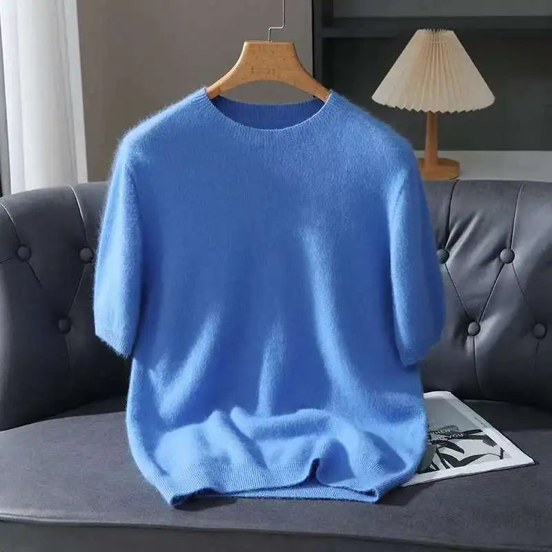 100% Mink Cashmere Knit Sweater Men's Pullover Short Sleeve