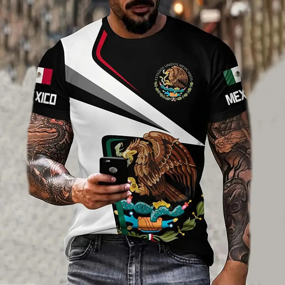 Men Fashion 3D Eagle National Flag Print Pattern Short Sleeve Oversized Streetwear Tee
