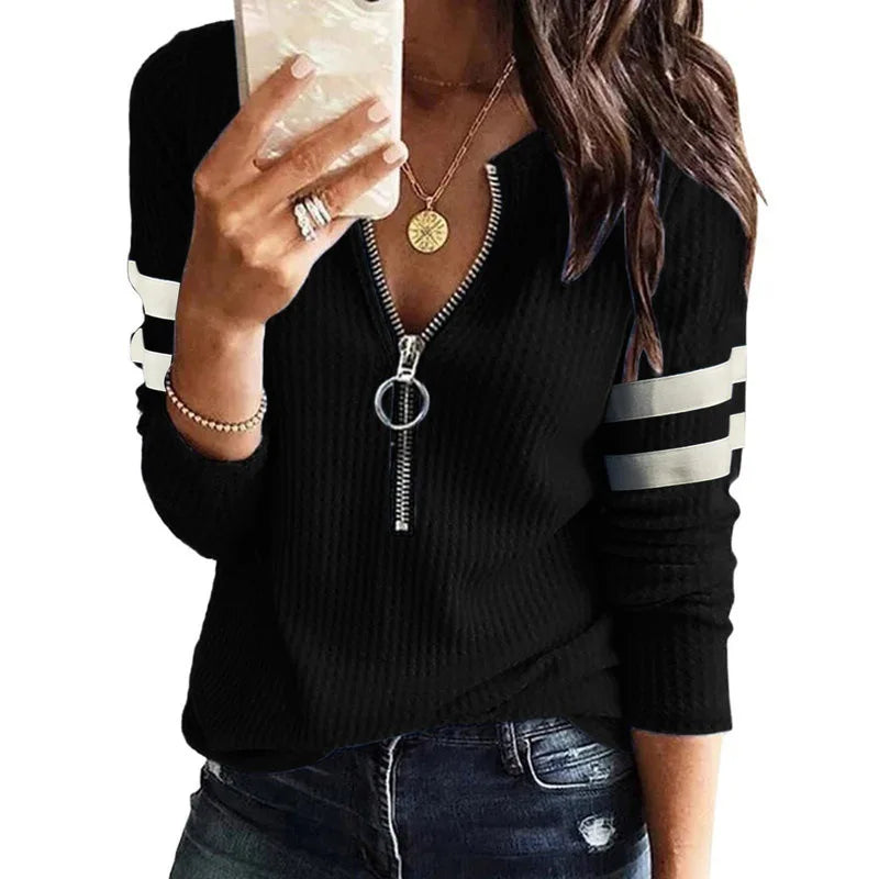Women's Striped Zipper V-Neck Long Sleeve T-Shirt - Fashion Spliced Top