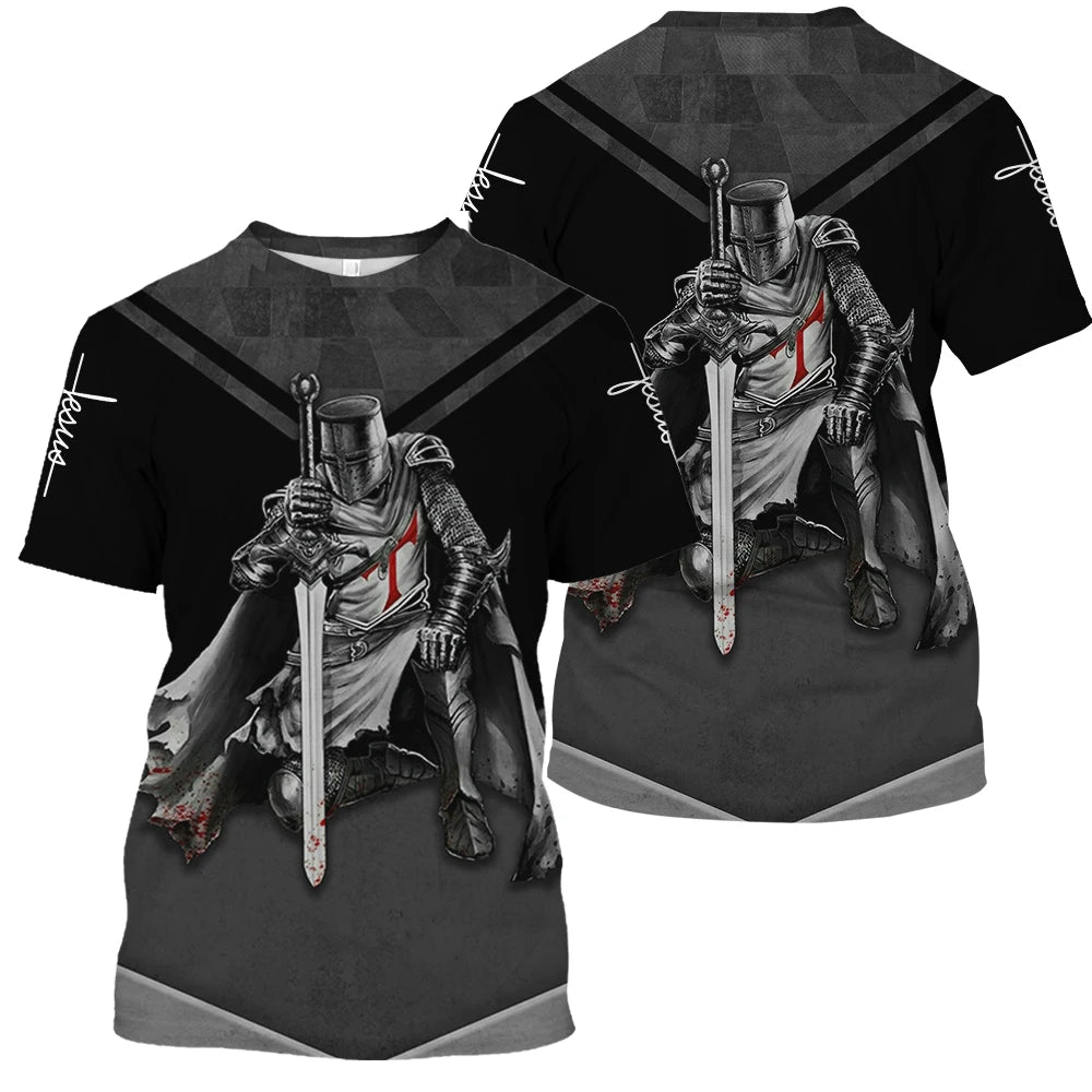 Men 3D Knight Printed vintage Short Sleeve Oversized Tee Shirt