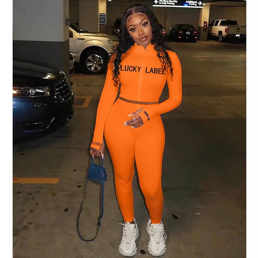 Women's High-Necked Embroidered Lettered Zipper Sport Suit 2-Piece