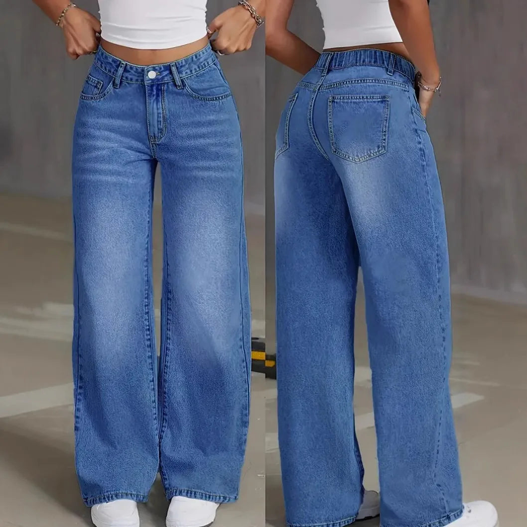 Denim Women Jeans Wide Long Leg High Waist Straight Trousers Y2k Streetwear