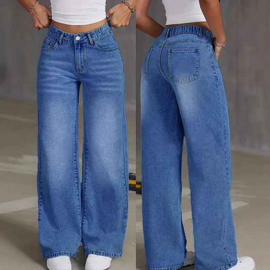 Denim Women Jeans Wide Long Leg High Waist Straight Trousers Y2k Streetwear