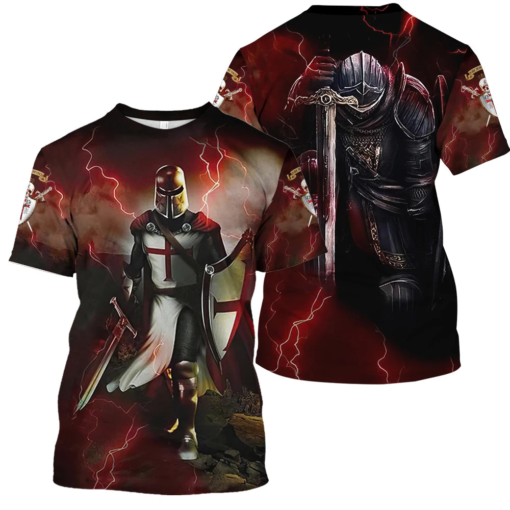 Men 3D Knight Printed vintage Short Sleeve Oversized Tee Shirt