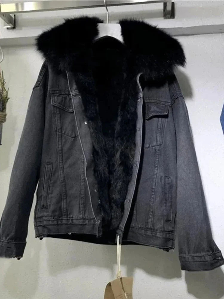 Women's Winter Denim Jacket with Fur Collar - Fleece Lined Overcoat