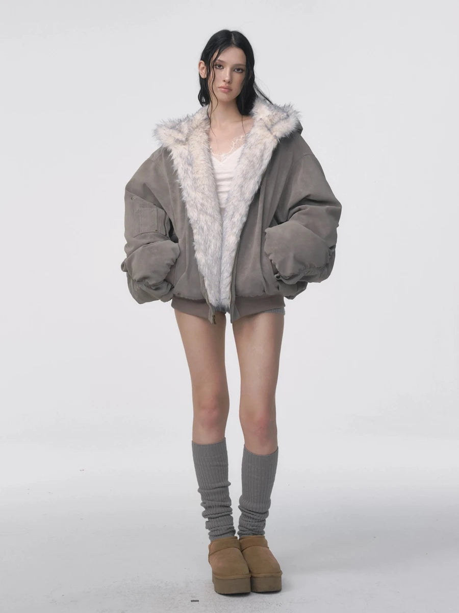 Women's Brown Suede Hooded Parka - Double-Sided Eco-Friendly Fur Coat
