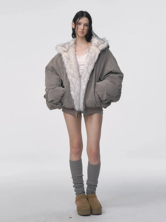 Women's Brown Suede Hooded Parka - Double-Sided Eco-Friendly Fur Coat