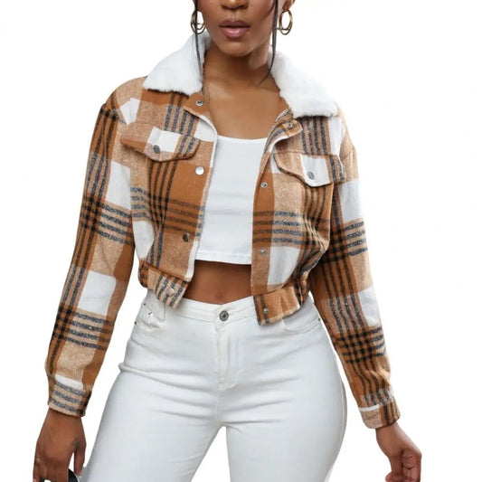 Women's Short Plaid Coat - Single-Breasted Fall Winter Jacket