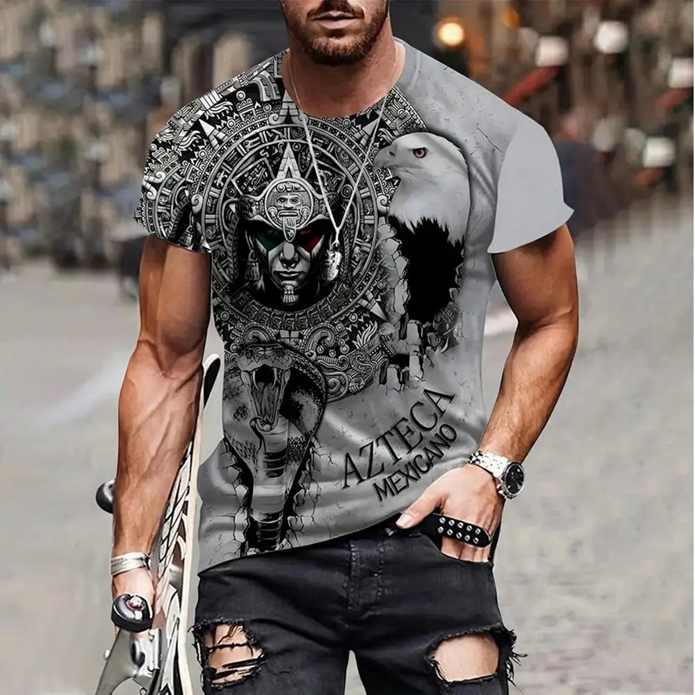 Men Fashion 3D Eagle National Flag Print Pattern Short Sleeve Oversized Streetwear Tee