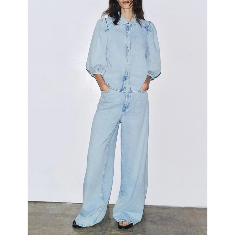 Denim puffy summer collar High Waist Wide Leg  trouser Two Piece Set