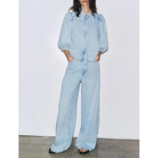 Denim puffy summer collar High Waist Wide Leg  trouser Two Piece Set