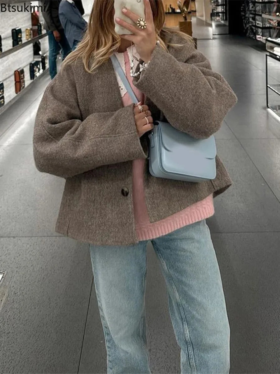 Women's Woolen V-Neck Coat - Button-Up Autumn Streetwear Jacket