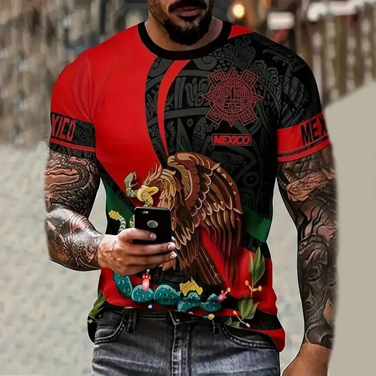 Men Fashion 3D Eagle National Flag Print Pattern Short Sleeve Oversized Streetwear Tee